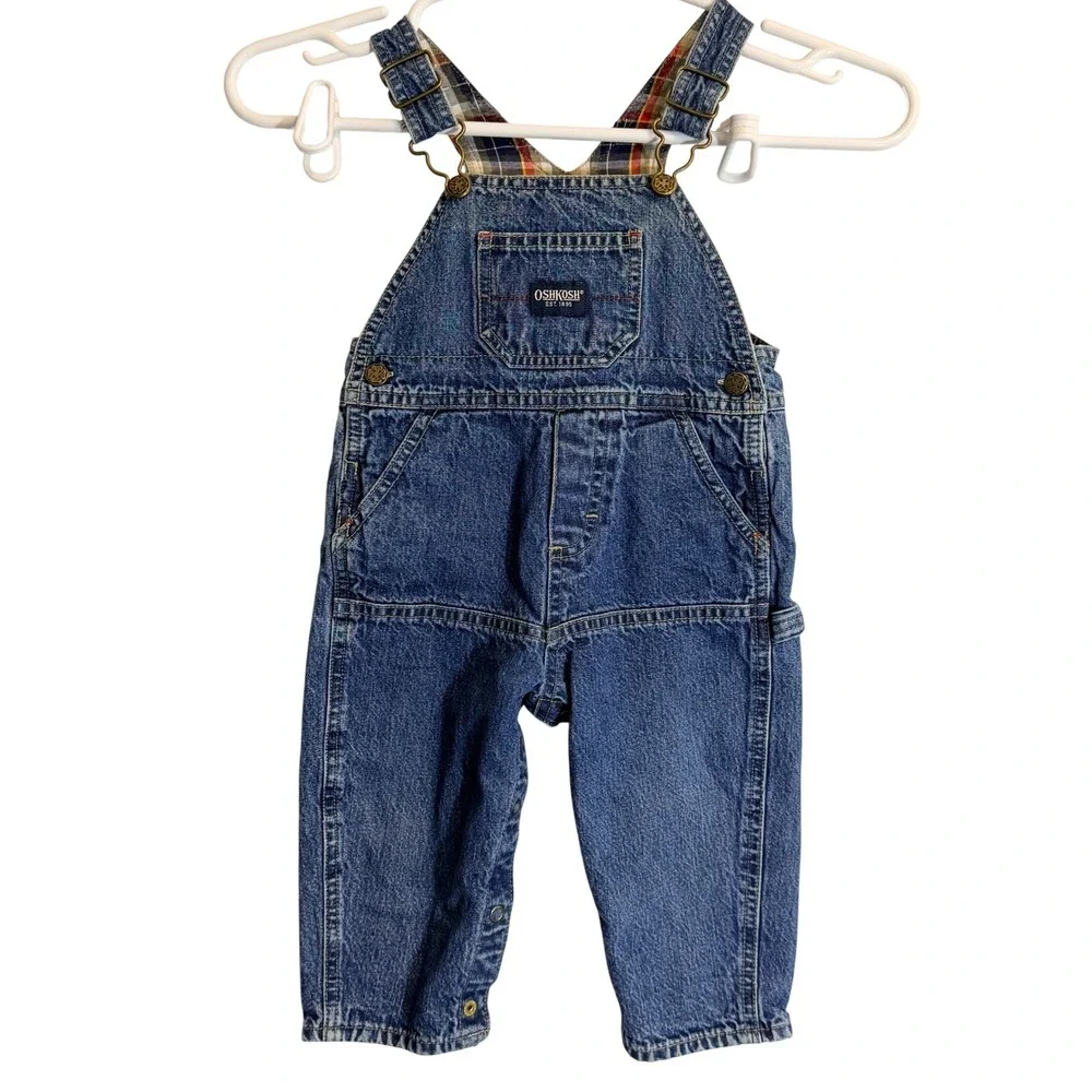 OshKosh Bgosh Baby Boys Plaid Flannel Lined Denim Overalls‎ Blue 12 Months